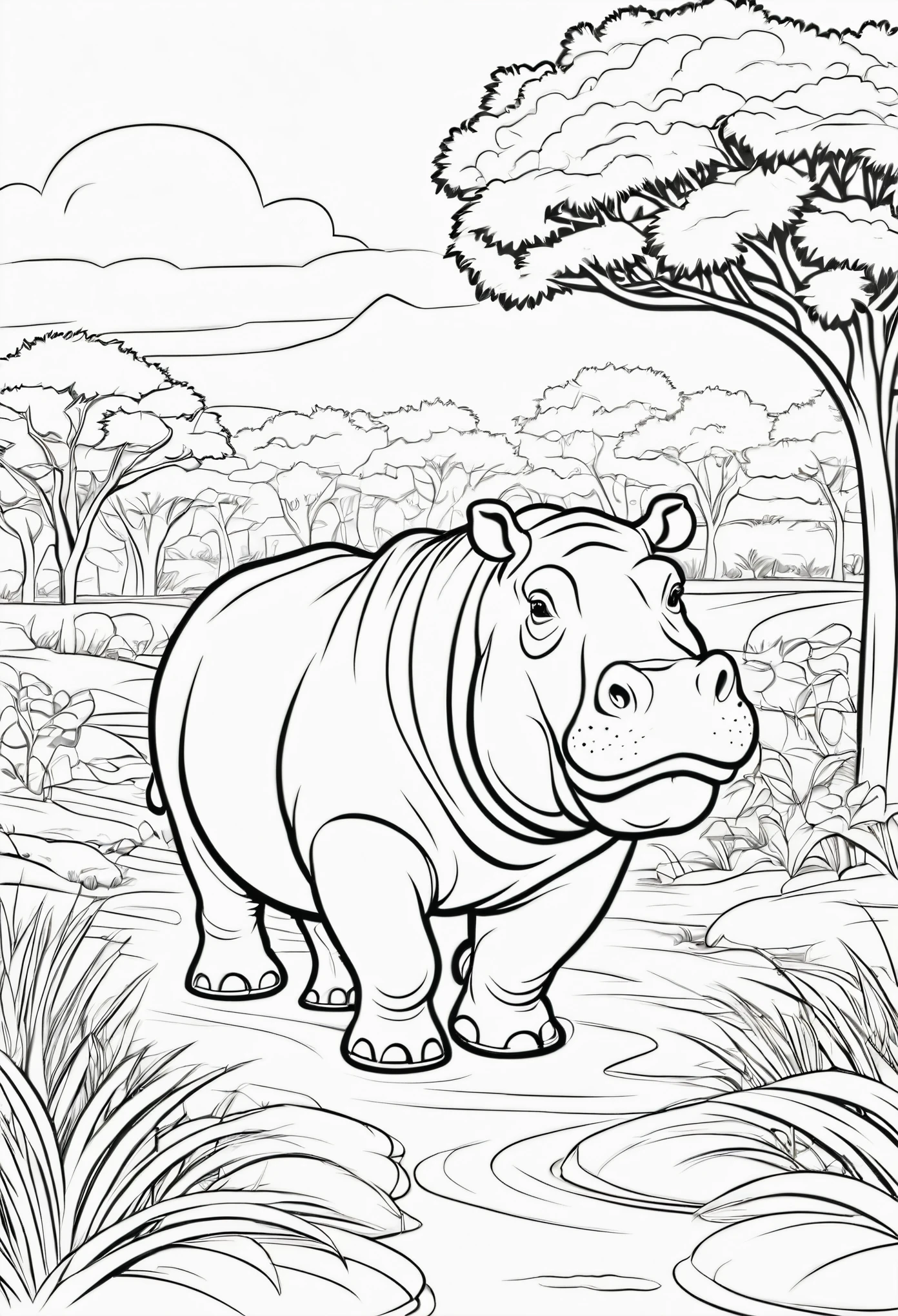 coloring page for kids, hippo roaming the plains of african with lots of bushes and big trees, cartoon style, thick lines