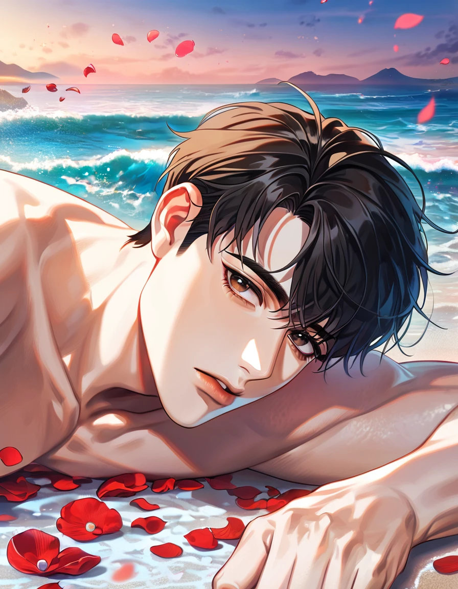 (absurdres, highres, ultra detailed, HDR) master piece, best quality, perfect face, delicated features, Kim Dokja, black hair, expressive brown eyes, Omniscient reader's viewpoint, solo, sexy man, handsome, bare chest, sea, beach, petals