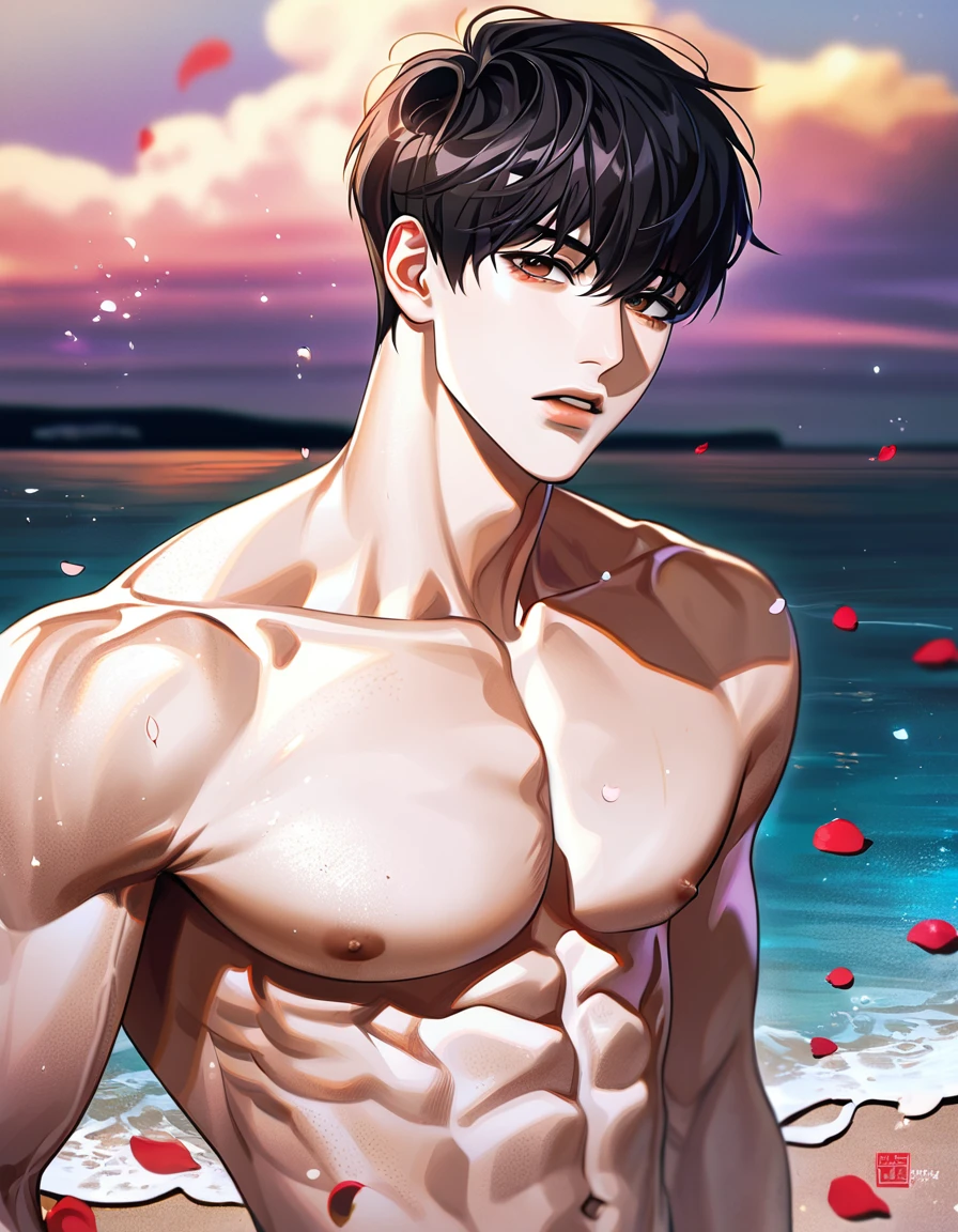 (absurdres, highres, ultra detailed, HDR) master piece, best quality, perfect face, delicated features, Kim Dokja, black hair, expressive brown eyes, Omniscient reader's viewpoint, solo, sexy man, handsome, bare chest, sea, beach, petals