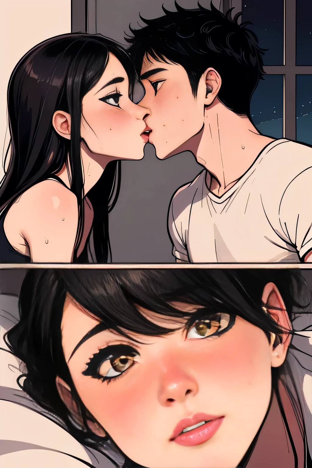 Amazing portrait of a boy and a girl aggressively making out on bed during night time and they're curious and nervous and blushing and sweating as it's their first time