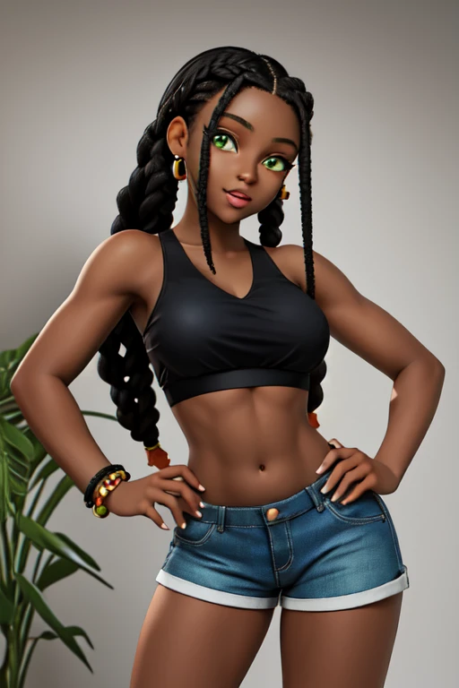Noemi, eighteen year old black African woman with green eyes braided hair, cintura fina, Muscular abdomen. she is wearing a cropped top and short shorts. Ela esta deitada encima do seu namorado Joseph homem italiano 