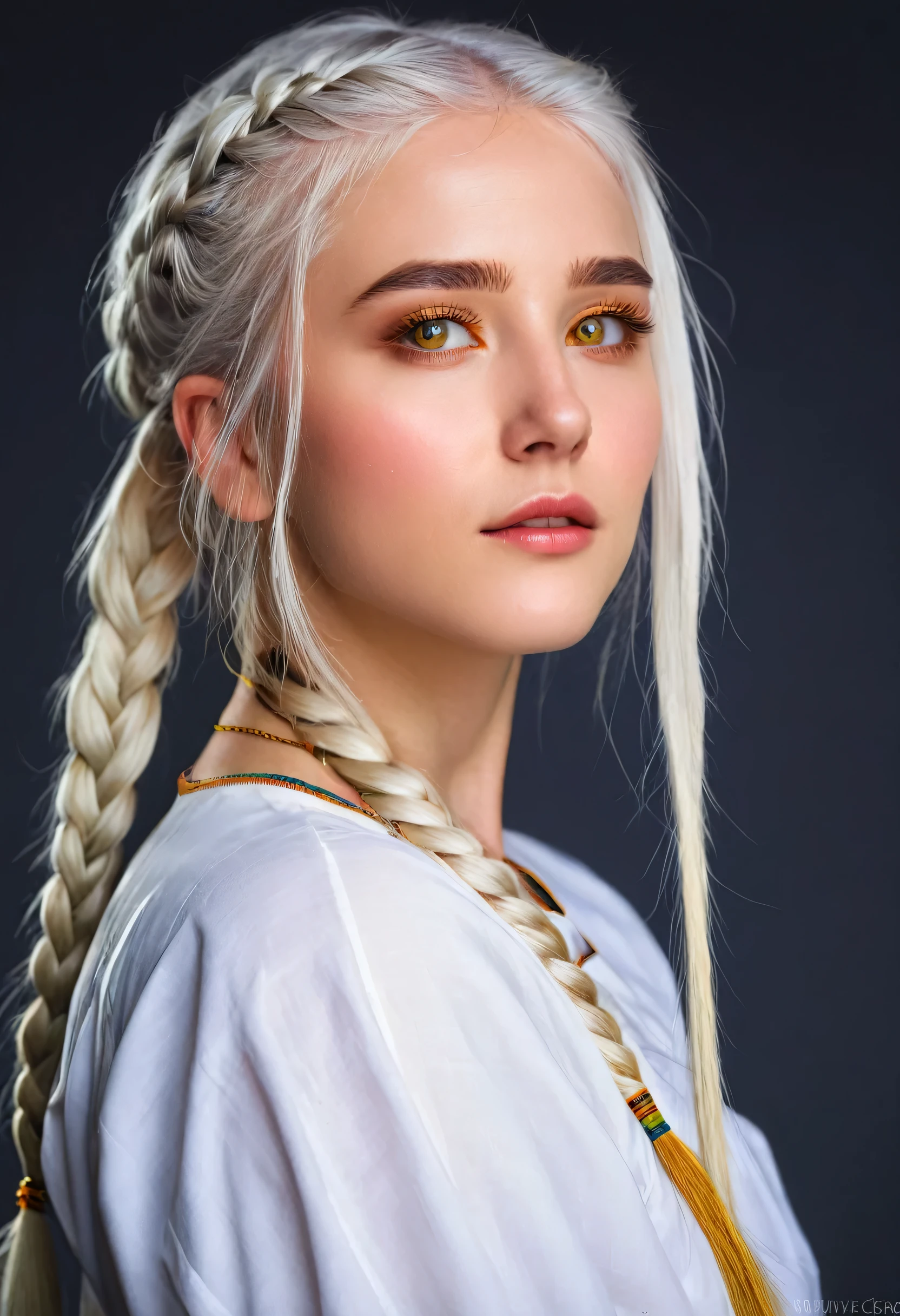 (best quality, masterpiece:1.2), white hair, gold eyes, white clothes, looking up, upper body, hair strand, fair skin, side braids, portraits, realistic, vivid colors, soft lighting