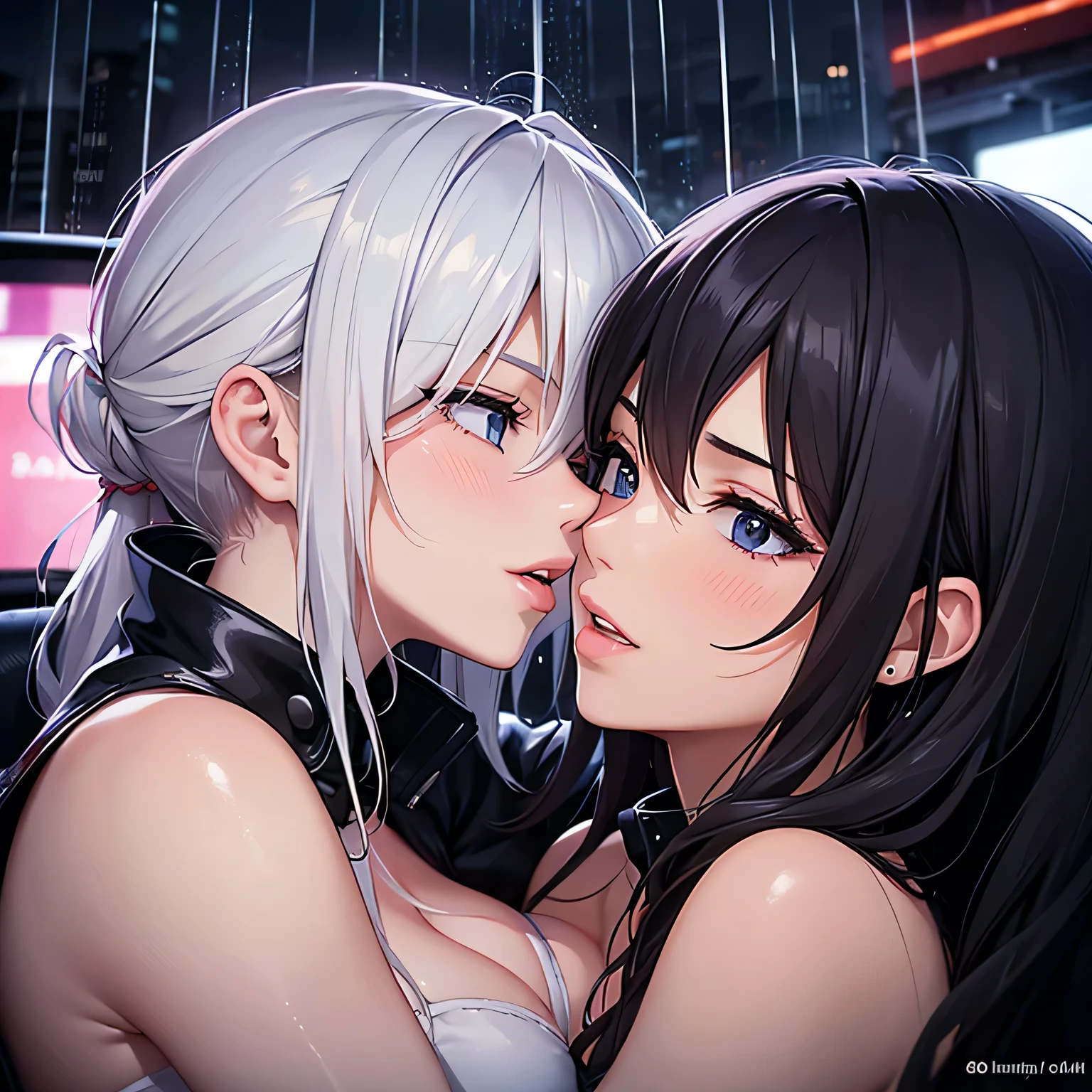 Amazing portrait of two sexy women aggressively making out passionately inside a car with intense kisses as it's raining outside during night time and they're hugging each other tight and they're kissing passionately with their lips touching