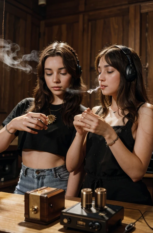 Two friends smoke weed while listening to music on a small hand music box 