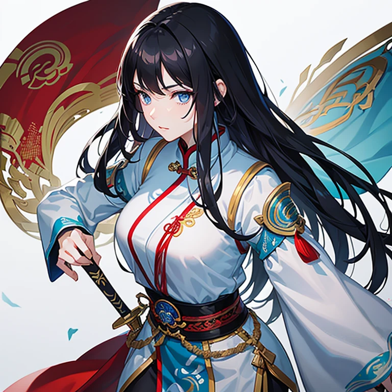 Beautiful young woman warrior, slim build, thin face, white complexion, blue eyes, long loose black hair in traditional Chinese hairstyle, ancient Chinese traditional warrior costume with sword in hand