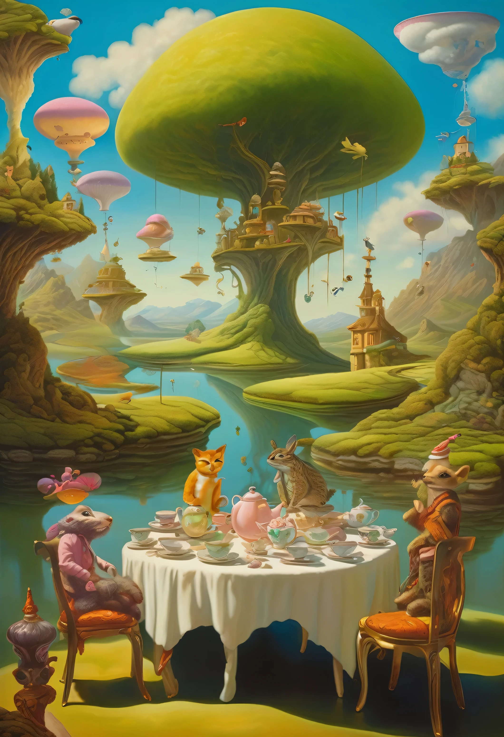 Surrealist oil painting, A surreal, dreamlike landscape with floating islands and upside-down trees, A whimsical tea party with anthropomorphic animals, where the tea party takes place, A wide-angle view of the tea party scene, capturing the entire landscape and all the whimsical characters gathered around the table, Soft, diffused light filtering through the surreal landscape, casting dynamic shadows and highlighting the vivid colors and intricate details of the scene, adding to the dreamlike quality of the painting.