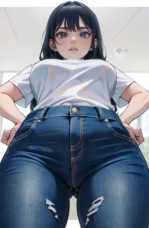 (Hinata Hyuuga, muito sensual, com roupas apertadas, bunda grande, pernas grossas, Vestindo jeans extremamente apertado, usando uma mini blusa, umbigo com pirsing, cabelo grande, Speaker behind, muito realista, extremamente sexy, 8k, 8k extremamente detalhado), (um extremamente delicado e bonito), (obra-prima), (melhor qualidade: 1.0), (Ultra-alta:1.0)