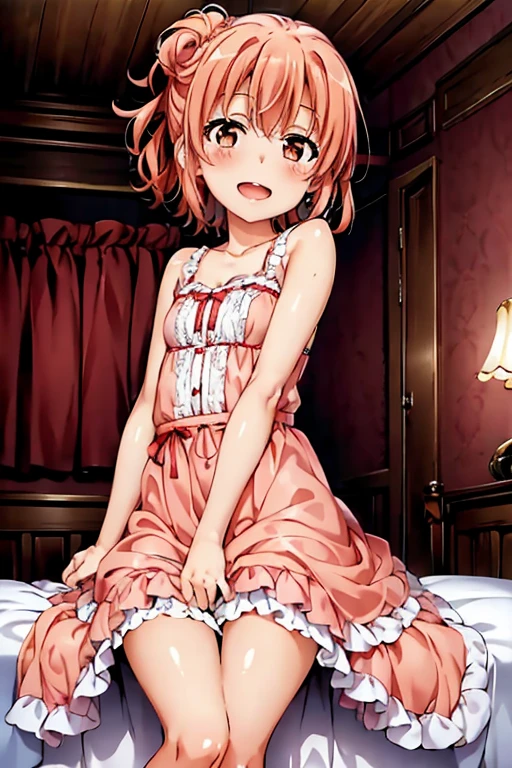 ((highest quality)), ((masterpiece)), (be familiar with), Perfect Face, indoor, Bedroom, Watching the audience,
One woman, Yuigahama Yui,
Open Mouth, Ecstatic expression, blush, smile,
Small breasts, Flat Chest, Young Girl, , , Girl,
Short Hair, Salmon-colored hair, Salmon-colored eyes, Side Pony,
Leg spread,