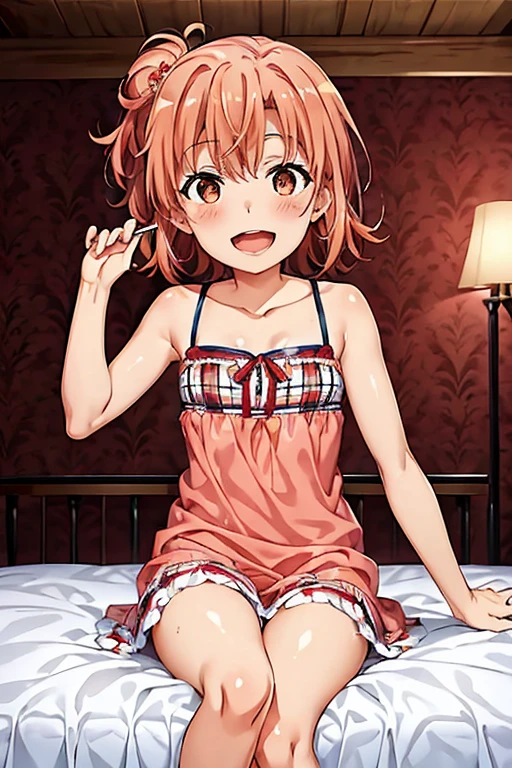 ((highest quality)), ((masterpiece)), (be familiar with), Perfect Face, indoor, Bedroom, Watching the audience,
One woman, Yuigahama Yui,
Open Mouth, Ecstatic expression, blush, smile,
Small breasts, Flat Chest, Young Girl, , , Girl,
Short Hair, Salmon-colored hair, Salmon-colored eyes, Side Pony,
Leg spread,