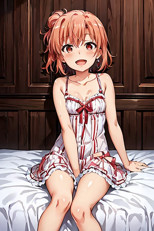 ((highest quality)), ((masterpiece)), (be familiar with), Perfect Face, indoor, Bedroom, Watching the audience,
One woman, Yuigahama Yui,
Open Mouth, Ecstatic expression, blush, smile,
Small breasts, Flat Chest, Young Girl, , , Girl,
Short Hair, Salmon-colored hair, Salmon-colored eyes, Side Pony,
Leg spread,