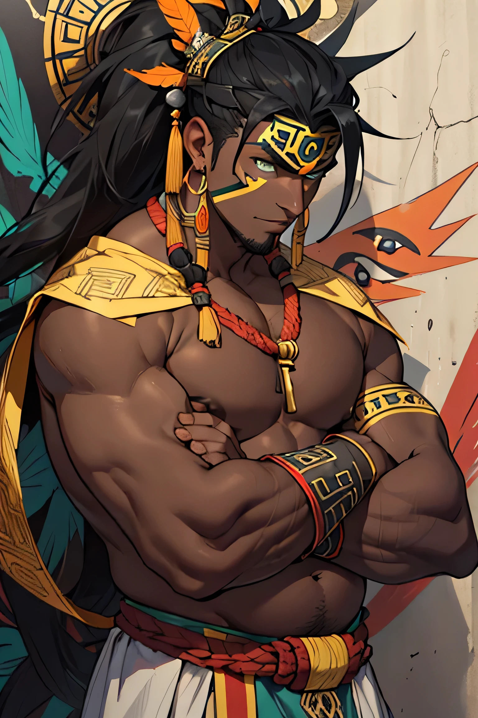 (((Aztec God))), (((Tezcatlipoca))), (((darkest skin))), (((black skin))), (((best quality))), ((masterpiece)), (detailed), perfect face, male, mayan male, black hair, black skin, yellow horizontal painted stripe over eyes, yellow horizontal painted stripe over mouth area, golden armbands on upper arms, toned body, colorful loincloth, detailed key anime art, detailed key concept art, young adult male, green eyes, feather headdress, dark skin, quetzal feathers, oenelli, long hair tied up in a high ponytail, is only wearing a loincloth, exposed chest, exposed chest, exposed arms, exposed torso, dark skin, black skin, exposed shoulders, almost naked, half naked, yellow and black facepaint, ((detailed eyes)), long hair, jade nose ring, ear gauges made of jade, fat, ((obese)), wide torso, fattest man alive
