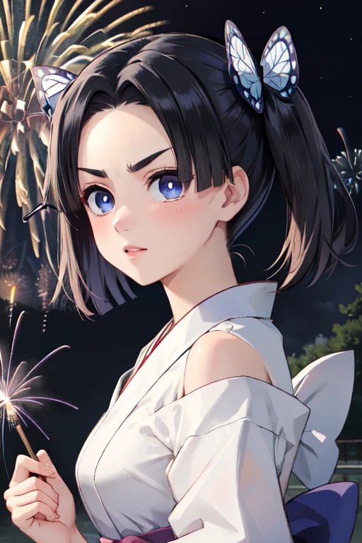 masterpiece, best quality, ultra detailed, highres, extremely detailed CG unity 8k wallpaper, perfect lighting,  very detailed background, beautiful and aesthetic,sharp focus, perfect face, dynamic pose, dynamic angle,
1girl, upper body, (portrait:1.1), multicolored yukata, kanzashi, looking at viewer,  full-face blush, from side, from below, smile,Open your mouth、Pink Lips、
night, dark sky, misty lake, mountainous horizon, break,aerial fireworks,  (Full of sky fireworks:1.2),
、Shoulder Bare、(Off the shoulder)、(Holding a handheld firework:1.2)、(middle breasts:1.0)、
(short hair, bangs, blue eyes, black hair, hair ornament, twintails, v-shaped eyebrows, parted bangs, frown, bright pupils, white pupils, butterfly hair ornament, kanzaki aoi \(kimetsu no yaiba\))、