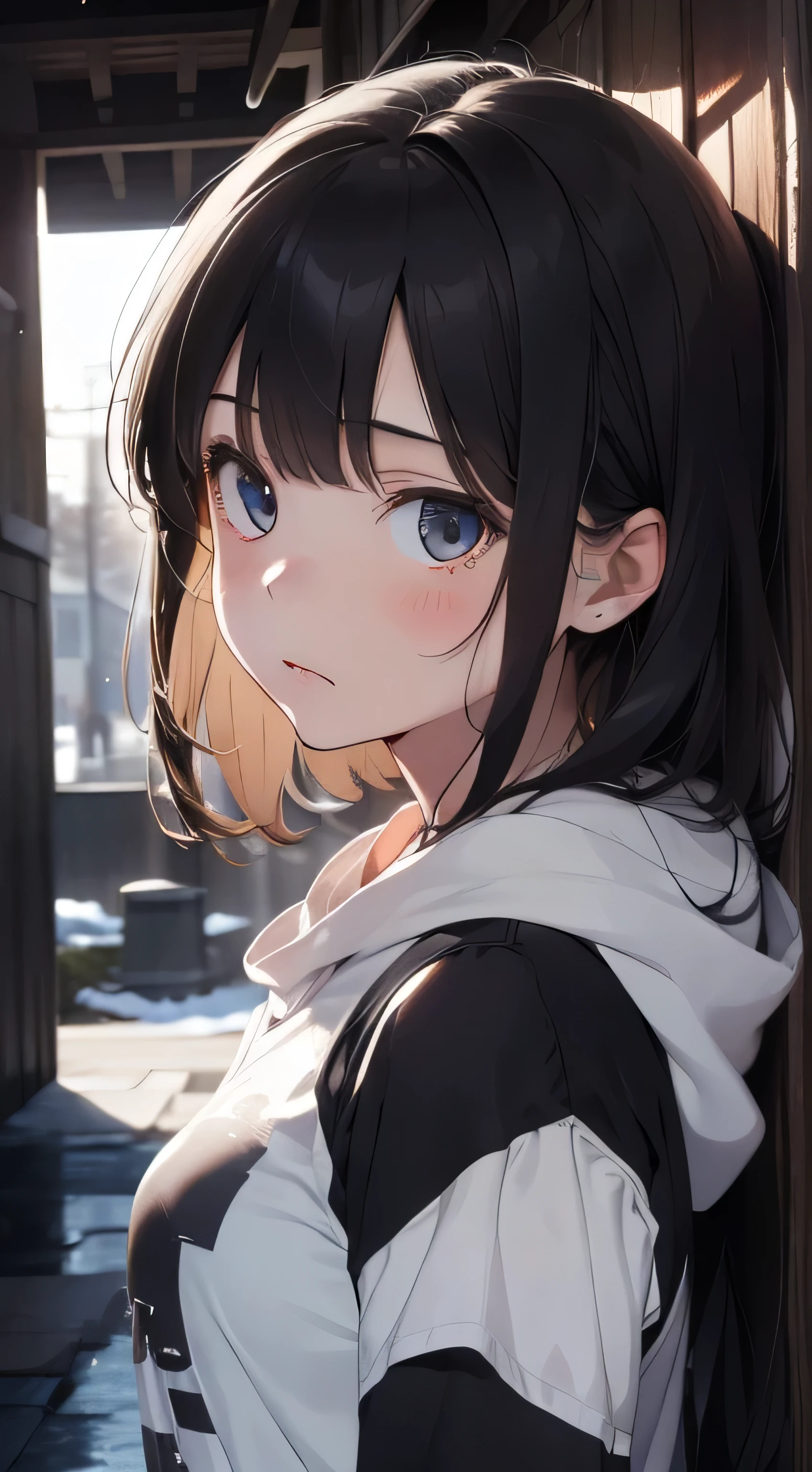 Anime girl with long black hair and blue eyes standing in a doorway ...