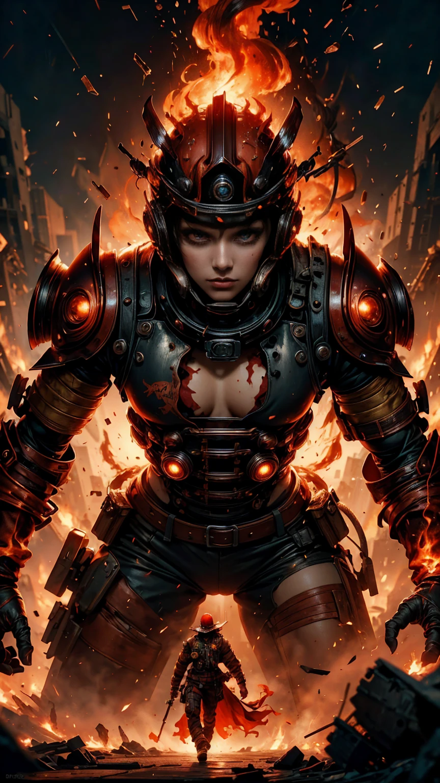 A sexy Fire Fighter, anime style. walking through a building on fire, rotten and burnt, (traje de bombero, traje de bombero:1.4) showing off a sexy and tough firefighter outfit. Every space and build in the landscape is meticulously rendered, from the most desolate and terrifying fire, creating a visually stunning and immersive situation. The overall effect is a terrifying mix of fantasy, fire and adrenaline, hellpunk anime. close-up, fine quality eyes, ultra detailed, Beautiful and aesthetically pleasing, masterpiece, Best quality score, Extremely detailed , dynamic angle, raytraced, middle body, close up, high view, fire particles and hard lights, angulo picado.,worldoffire,metal steel building, looking at camera