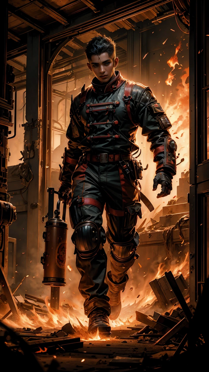 A sexy Fire Fighter, anime style. walking through a building on fire, rotten and burnt, (traje de bombero, traje de bombero:1.4) showing off a sexy and tough firefighter outfit. Every space and build in the landscape is meticulously rendered, from the most desolate and terrifying fire, creating a visually stunning and immersive situation. The overall effect is a terrifying mix of fantasy, fire and adrenaline, hellpunk anime. close-up, fine quality eyes, ultra detailed, Beautiful and aesthetically pleasing, masterpiece, Best quality score, Extremely detailed , dynamic angle, raytraced, middle body, close up, high view, fire particles and hard lights, angulo picado.,worldoffire,metal steel building, looking at camera