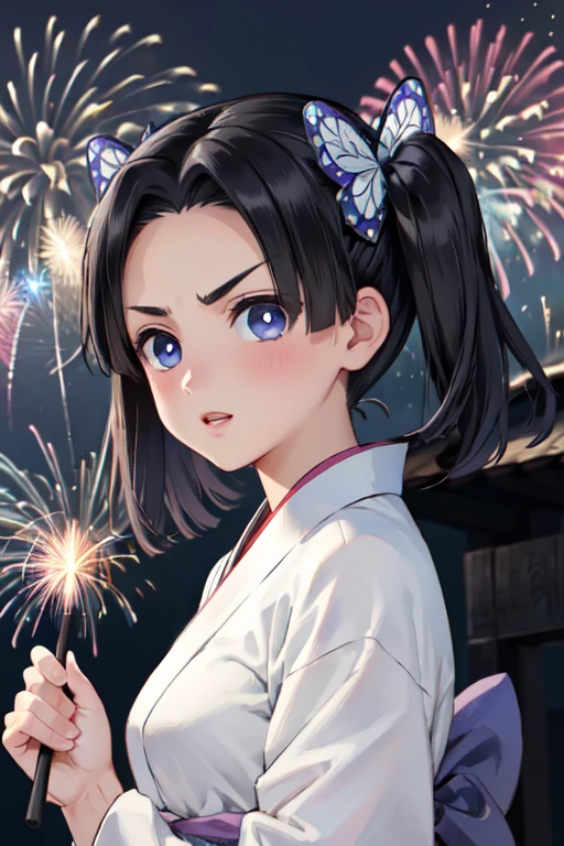 masterpiece, best quality, ultra detailed, highres, extremely detailed CG unity 8k wallpaper, perfect lighting,  very detailed background, beautiful and aesthetic,sharp focus, perfect face, dynamic pose, dynamic angle,
1girl, upper body, (portrait:1.1), multicolored yukata, kanzashi, looking at viewer,  full-face blush, from side, from below, smile,Open your mouth、Pink Lips、
night, dark sky, misty lake, mountainous horizon, break,aerial fireworks,  (Full of sky fireworks:1.2),
、Shoulder Bare、(Off the shoulder)、(Holding a handheld firework:1.2)、(middle breasts:1.0)、
(short hair, bangs, blue eyes, black hair, hair ornament, twintails, v-shaped eyebrows, parted bangs, frown, bright pupils, white pupils, butterfly hair ornament, kanzaki aoi \(kimetsu no yaiba\))、