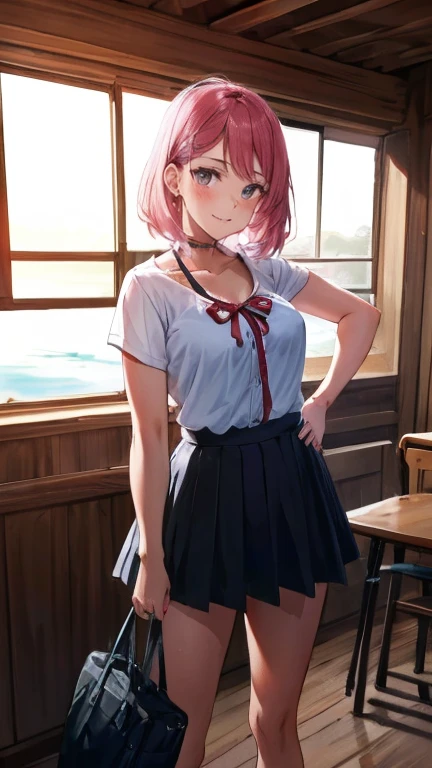 (obra de arte:1.3, Maximum quality, ultra high resolution, ultra detalhado), (realista, photorealista:1.4), beautiful illustration, perfect lighting, natural lighting, Colorida, profundidade de campos, Surrealismo,
lindo cabelo detalhado, lindo rosto detalhado, lindos olhos detalhados, beautiful collarbone, Corpo bonito, lindo peito, linda coxa, lindas pernas, lindos dedos, pele brilhante,
olhando para o espectador, 1 garota, Japanese, high school girl, (anatomia perfeita, Anatomicamente Correto, pele super detalhada), beautiful and symmetrical face, baby face, rosto perfeito, olhos perfeitos,
(medium hair, dois lados para cima, cabelo rosa), franja cruzada, olhos roxos, droopy eyes, olhos grandes, long eyelashes, (seios grandes, coxas sedutoras, dentadura da pele), delgado, outstanding style,
((Textura detalhada de tecido, camisa de colarinho branco, saia plissada azul, dark red ribbon around the neck), meias pretas, mocassim),
(beautiful scenery), late afternoon, (telhado da escola), (standing), (kind smile, Olhos superiores),