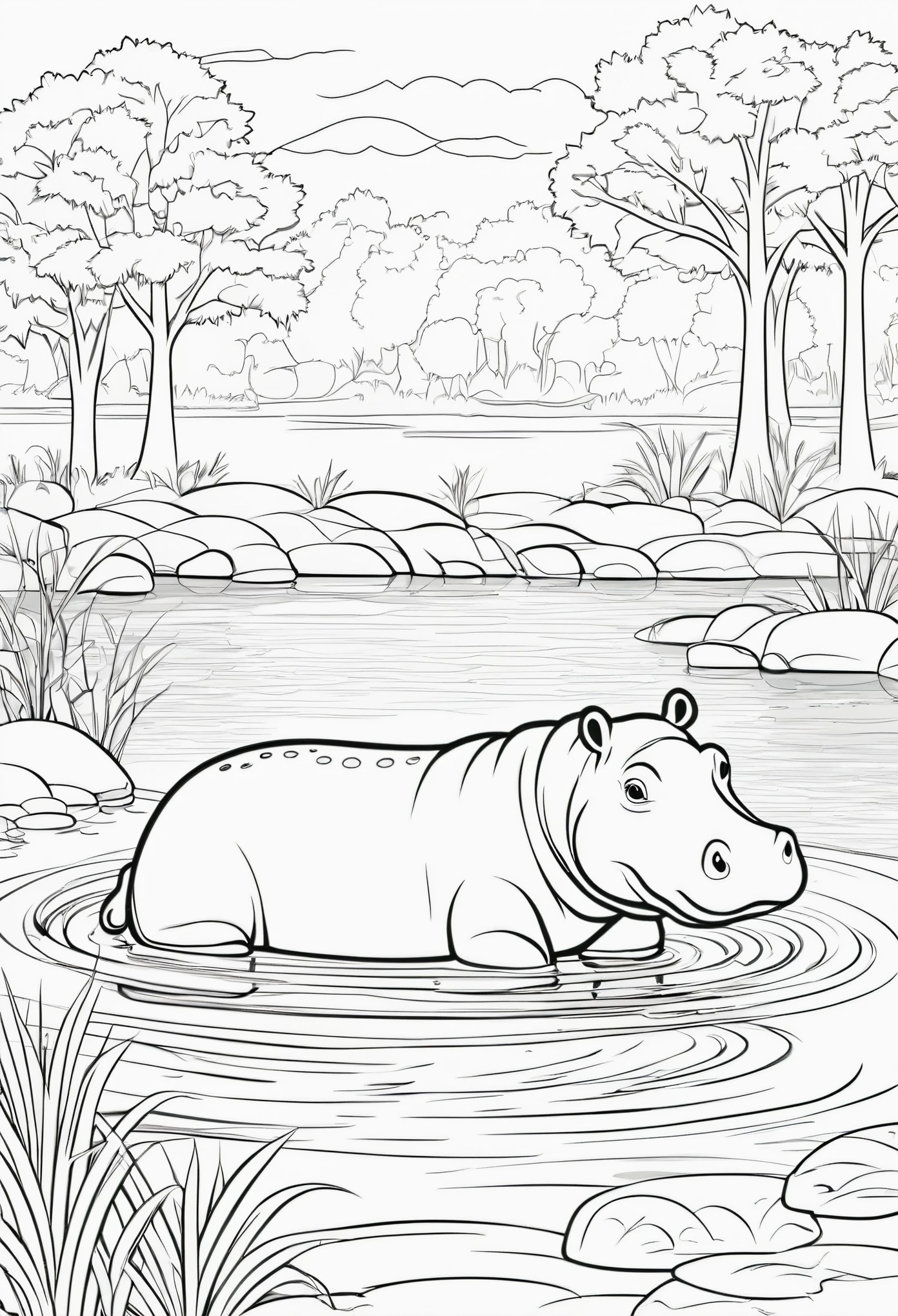 coloring page for kids, hippo in the water with trees along side on the banks of the water, cartoon style, thick lines
