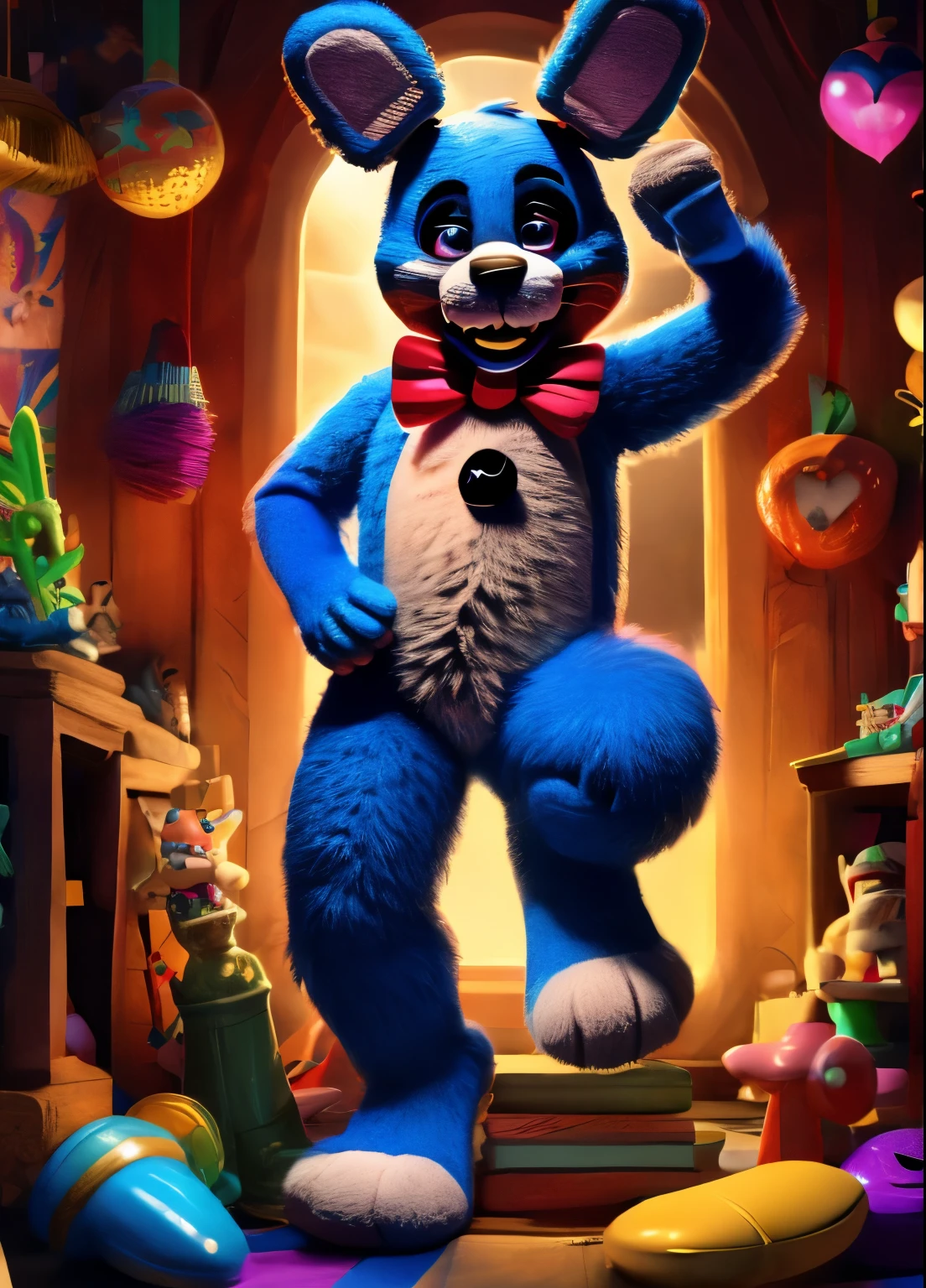 (best quality, highres:1.2), realistic, detailed illustration, Toy Bonnie from Five Nights at Freddy's, playful and vibrant colors, cute and friendly expressions, adorable and fuzzy texture, in a style for kids, with emphasis on the facial features such as big round eyes, a small button nose, and a wide smile, showcasing its charming personality, joyful and energetic pose with its (fee)t visible, (adorable feet), (cute feet), surrounded by colorful toys and props, a lively and dynamic background depicting a fun and imaginative setting, soft and gentle lighting to enhance the cozy and inviting atmosphere