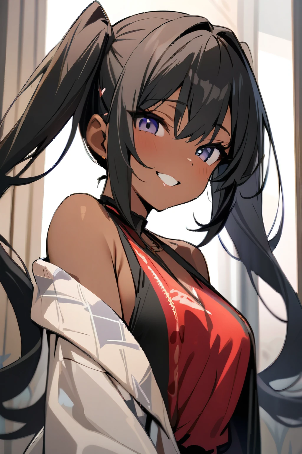 Masterpiece, best quality, beautiful girl, cute face, twin tails, dark skin, smiling,