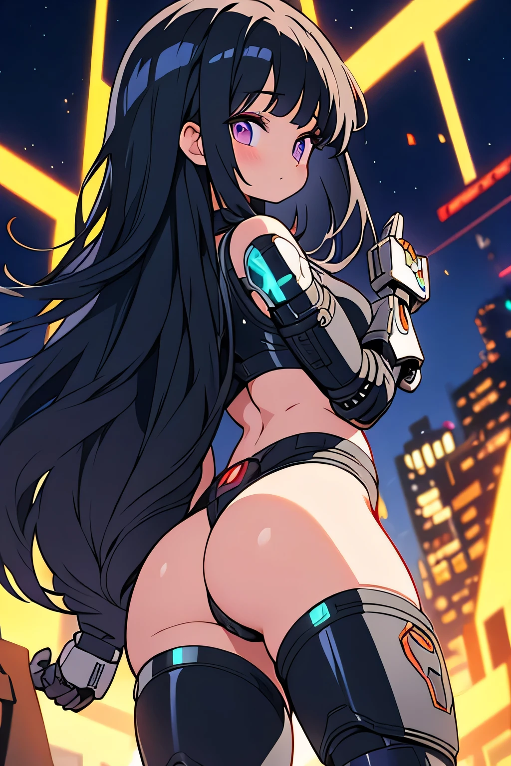 Cyborg girl, half human and half robot. very beautiful and innocent. a hot robo girl, with big ass and big . long black hair. wearing shiny metallic armor all wet that leaves the naked ass showing