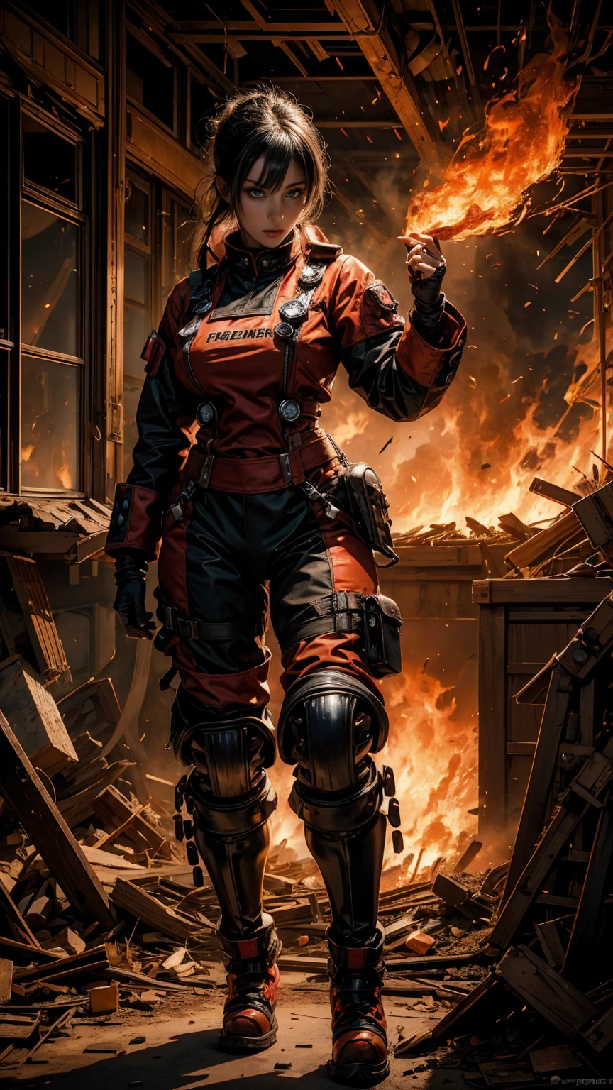 A sexy Fire Fighter, anime style. walking through a building on fire, rotten and burnt, (traje de bombero, traje de bombero:1.4) showing off a sexy and tough firefighter outfit. Every space and build in the landscape is meticulously rendered, from the most desolate and terrifying fire, creating a visually stunning and immersive situation. The overall effect is a terrifying mix of fantasy, fire and adrenaline, hellpunk anime. close-up, fine quality eyes, ultra detailed, Beautiful and aesthetically pleasing, masterpiece, Best quality score, Extremely detailed , dynamic angle, raytraced, middle body, close up, high view, fire particles and hard lights, angulo picado.,worldoffire,metal steel building, looking at camera