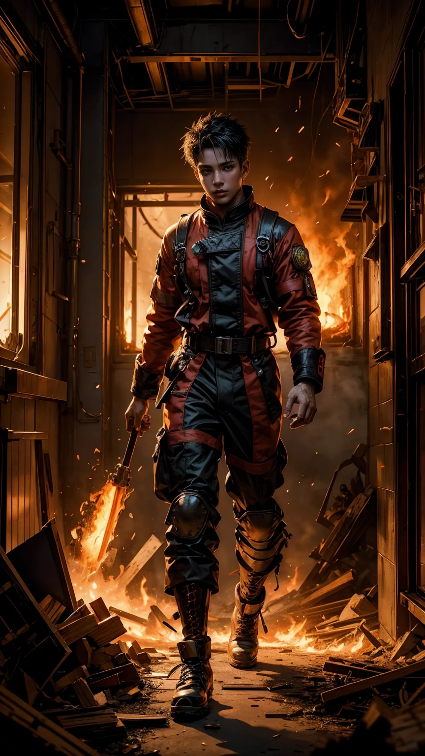 A sexy Fire Fighter, anime style. walking through a building on fire, rotten and burnt, (traje de bombero, traje de bombero:1.4) showing off a sexy and tough firefighter outfit. Every space and build in the landscape is meticulously rendered, from the most desolate and terrifying fire, creating a visually stunning and immersive situation. The overall effect is a terrifying mix of fantasy, fire and adrenaline, hellpunk anime. close-up, fine quality eyes, ultra detailed, Beautiful and aesthetically pleasing, masterpiece, Best quality score, Extremely detailed , dynamic angle, raytraced, middle body, close up, high view, fire particles and hard lights, angulo picado.,worldoffire,metal steel building, looking at camera