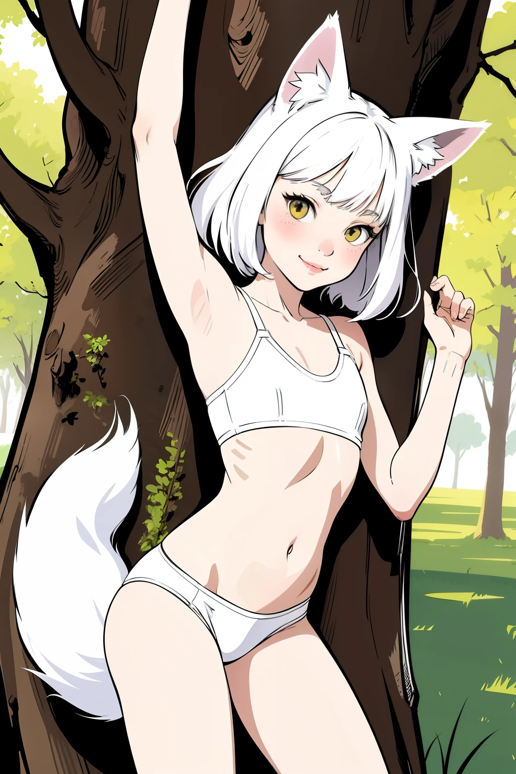 (superflat, flat shading, flat colors:1.1), wide angle, vibrant colors, 1girl, 10yo, small breast, white hair, (white fox ears), (white fox tail:1.2), (white sports bra with black panties), smile, blush, hiding, (behind the tree), peeking from behind the tree, hugging tree, forest, green grass, summer, bright sunlight, best shadows, watercolor,