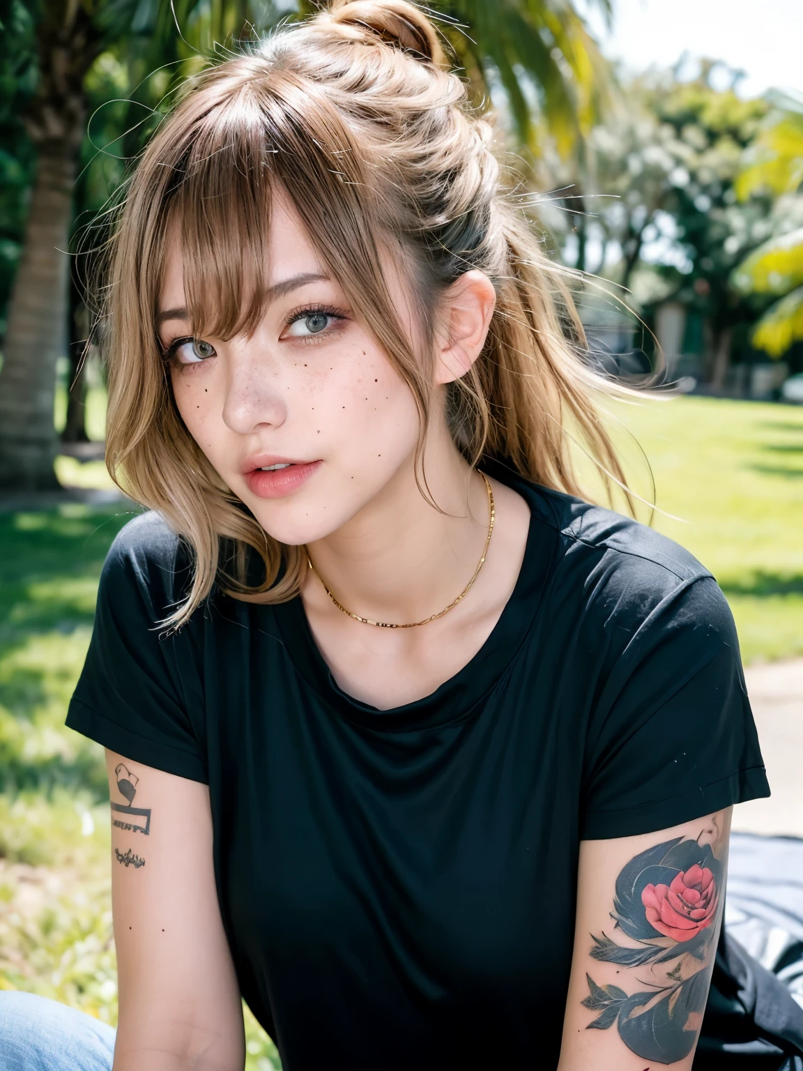 1 girl, wink, gold hair, freckles, arm covered in tattoos, black tshirt, collar, natural lighting, park, breasts, messy hair, bedhead, dynamic pose, short sleeves
