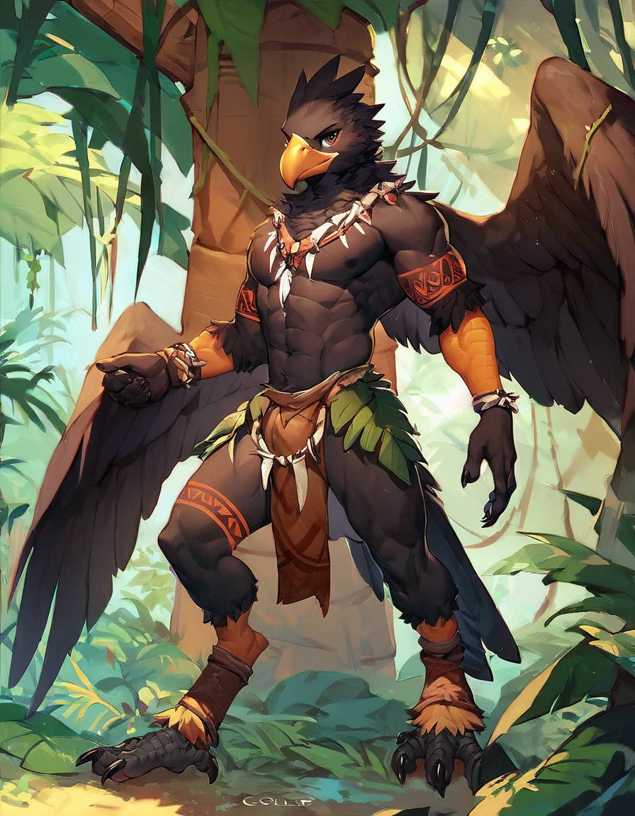 score_9, score_8_up, score_7_up, score_6_up, (solp), anthro male avian wearing a loincloth, proud serious expression, tribal, muscular, sharp beak, wings on back, standing, jungle hut, black feathers, tattoos, chief, warrior, digitigrade,