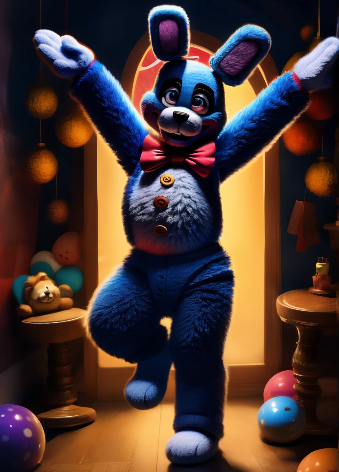 (best quality, highres:1.2), realistic, detailed illustration, Toy Bonnie from Five Nights at Freddy's, playful and vibrant colors, cute and friendly expressions, adorable and fuzzy texture, in a style for kids, with emphasis on the facial features such as big round eyes, a small button nose, and a wide smile, showcasing its charming personality, joyful and energetic pose with its (fee)t visible, (adorable feet), (cute feet), surrounded by colorful toys and props, a lively and dynamic background depicting a fun and imaginative setting, soft and gentle lighting to enhance the cozy and inviting atmosphere