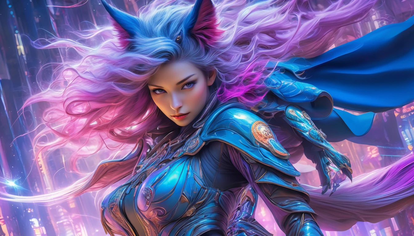 (best quality,4k,highres),(realistic,photorealistic:1.37),(Yoshitaka Amano style:1.1),SFW,(safe for work), A italian woman and her guardian familiar, mystical creature,otherworldly creature,enchanting companions,wearing stylish futuristic clothes,inspired by Phantasy Star Online, graceful poses, (The woman, with her eyes brightly colored, no makeup and her italian facial features elegantly detailed, adding to her allure. Dressed in elegant casual clothes with a stylish futuristic jacket.), (She is accompanied by a guardian, a lynx and bat hybrid creature with exquisite anatomical features. The creature's presence adds a sense of wonder and magic to the scene.), (The woman and her companion stand in a vibrant and bustling city, a modern metropolis with bustling streets, and vibrant signs. The colors are vibrant, with a mixture of blues, purples, and pale reds creating a dreamlike atmosphere.), (The lighting is soft but illuminating, casting a gentle glow on both the woman and the creature.), (The overall composition has a realistic and photorealistic quality, capturing the essence of the scene in intricate detail.), (The art style is inspired by Yoshitaka Amano, known for his ethereal and otherworldly illustrations. The combination of realistic elements with the artist's unique style creates a captivating and visually stunning image.),Greg Rutkowski