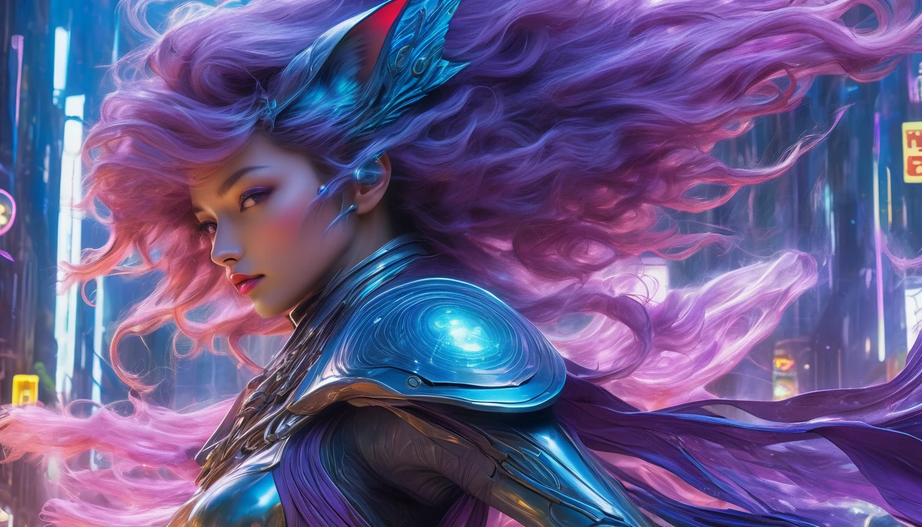 (best quality,4k,highres),(realistic,photorealistic:1.37),(Yoshitaka Amano style:1.1),SFW,(safe for work), A italian woman and her guardian familiar, mystical creature,otherworldly creature,enchanting companions,wearing stylish futuristic clothes,inspired by Phantasy Star Online, graceful poses, (The woman, with her eyes brightly colored, no makeup and her italian facial features elegantly detailed, adding to her allure. Dressed in elegant casual clothes with a stylish futuristic jacket.), (She is accompanied by a guardian, a lynx and bat hybrid creature with exquisite anatomical features. The creature's presence adds a sense of wonder and magic to the scene.), (The woman and her companion stand in a vibrant and bustling city, a modern metropolis with bustling streets, and vibrant signs. The colors are vibrant, with a mixture of blues, purples, and pale reds creating a dreamlike atmosphere.), (The lighting is soft but illuminating, casting a gentle glow on both the woman and the creature.), (The overall composition has a realistic and photorealistic quality, capturing the essence of the scene in intricate detail.), (The art style is inspired by Yoshitaka Amano, known for his ethereal and otherworldly illustrations. The combination of realistic elements with the artist's unique style creates a captivating and visually stunning image.),Greg Rutkowski