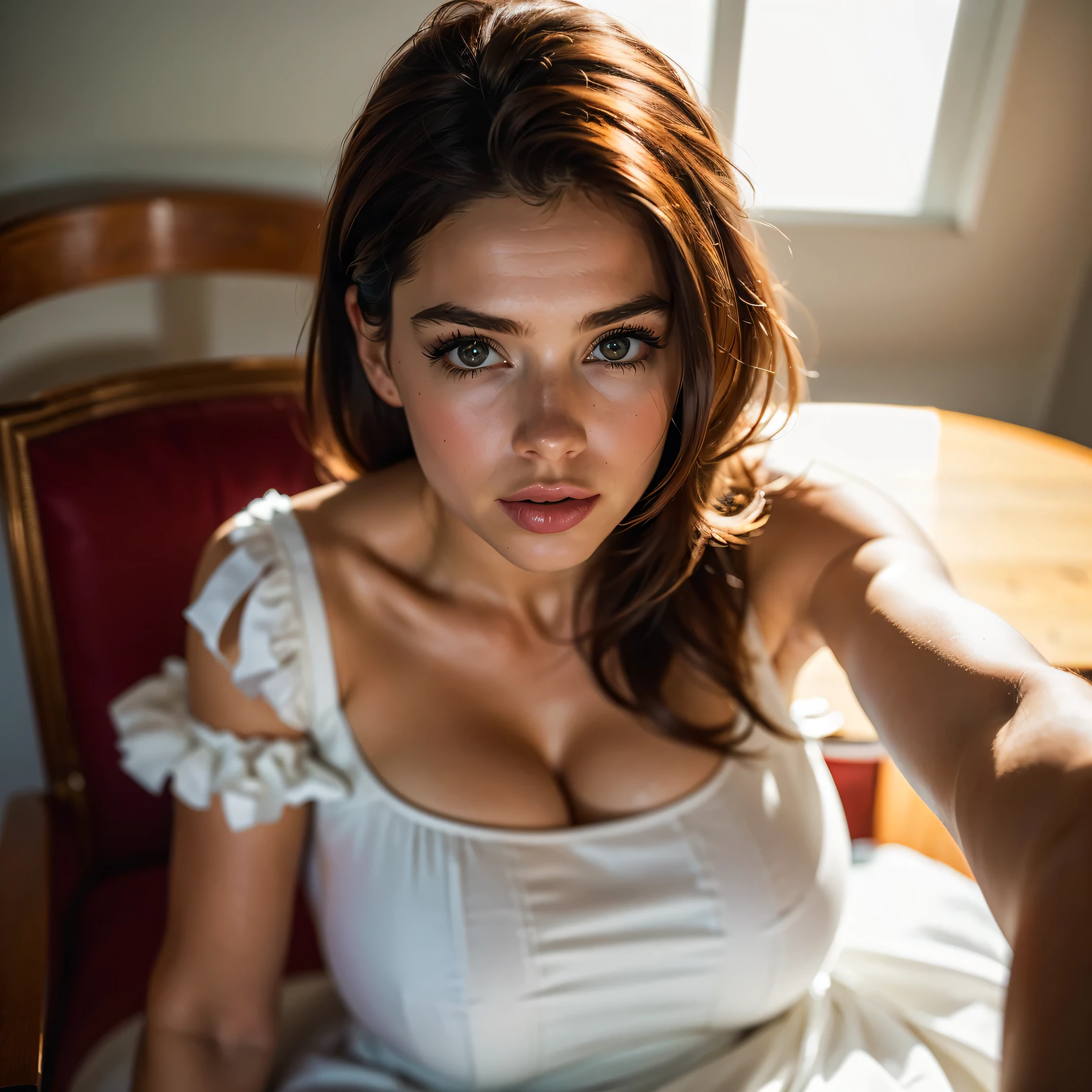 (((ultra-realistisch))) Foto, Meisterwerk, top quality,(Ultradetailliertes Gesicht und Augen:1.3)(Augen Makeup, Maskara) , ((size, detaillierte Lippen)),((Posieren)), Foto-Shooting, bokeh, (Besonderes Augenmerk auf Hautdetails: 1.2), Detaillierte Lederstruktur, ((full body shot)), . Farbpalette - zart, hell, White, Pink tones), UDR, ((Strahlen)) , ultra detailliert, beautiful busty latin american girl, 22 year old, (((beautiful brown hair))), (((brown eyes))), a little bit overweight, with a beautifull young face, (((massive swollen tits))), sitting on a chair, (((spreading legs))), ((Looking in the camera)), (((wearing a viewthrought light white dress)))