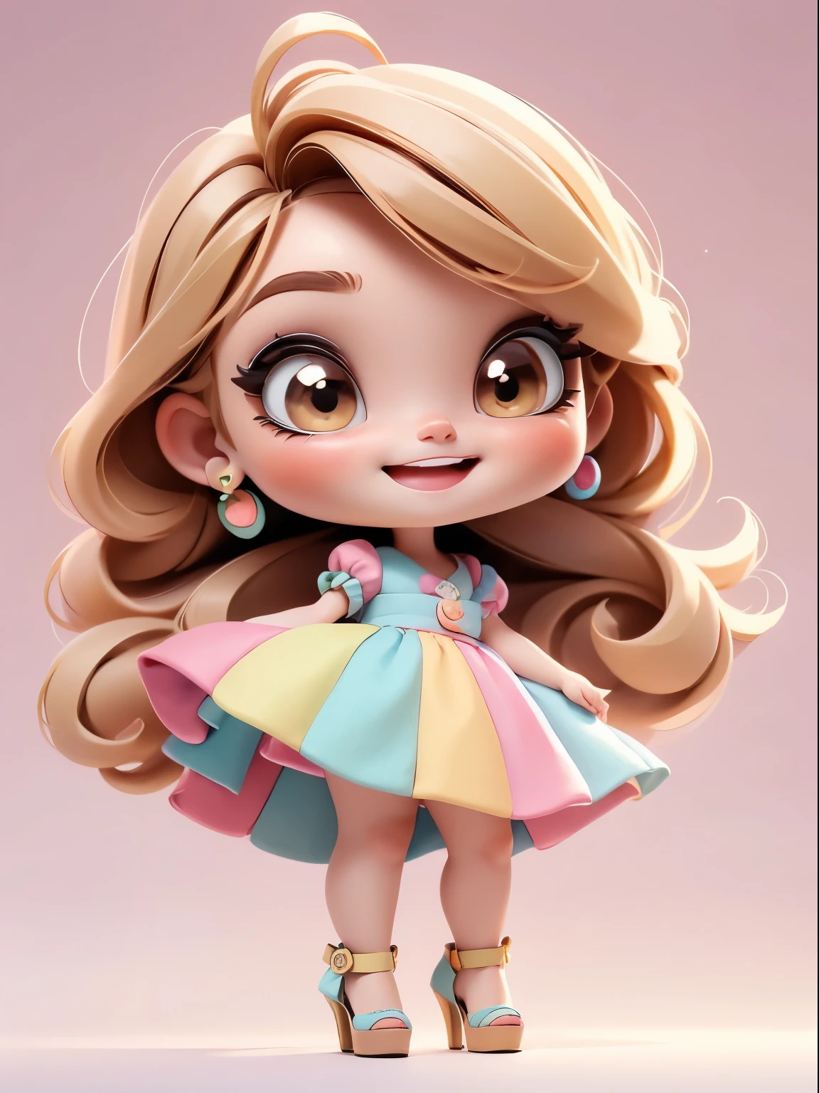 Baby girl cute chibi style, summer style, Linda, expressiva, Feliz, Sorriso lindo, bonito cabelos lisos, modelo profissional, 8k, perfect resolution, maquiagem, solid background, full body, full body, foot perfect,high heels, brown rainbow clothes