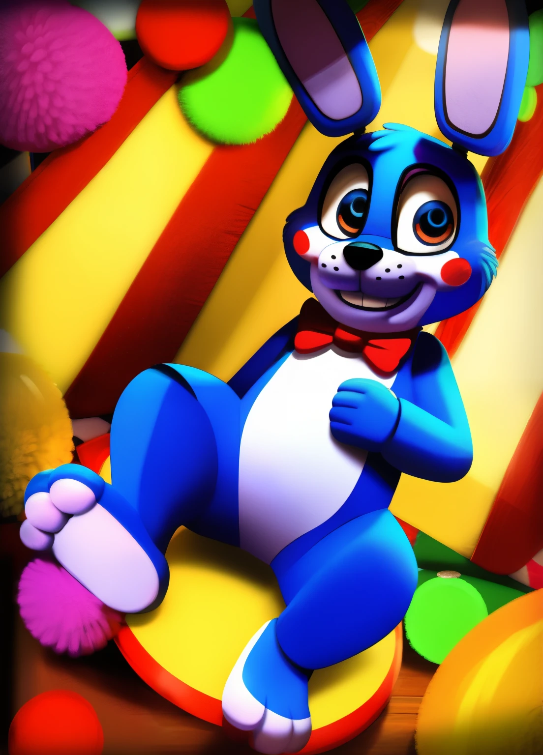 (best quality,highres:1.2), realistic, detailed illustration, Toy Bonnie from Five Nights at Freddy's, playful and vibrant colors, cute and friendly expressions, adorable and fuzzy texture, in a style for kids, with emphasis on the facial features such as big round eyes, a small button nose, and a wide smile, showcasing its charming personality, joyful and energetic pose with its feet visible, (big cock), (nice long cock)