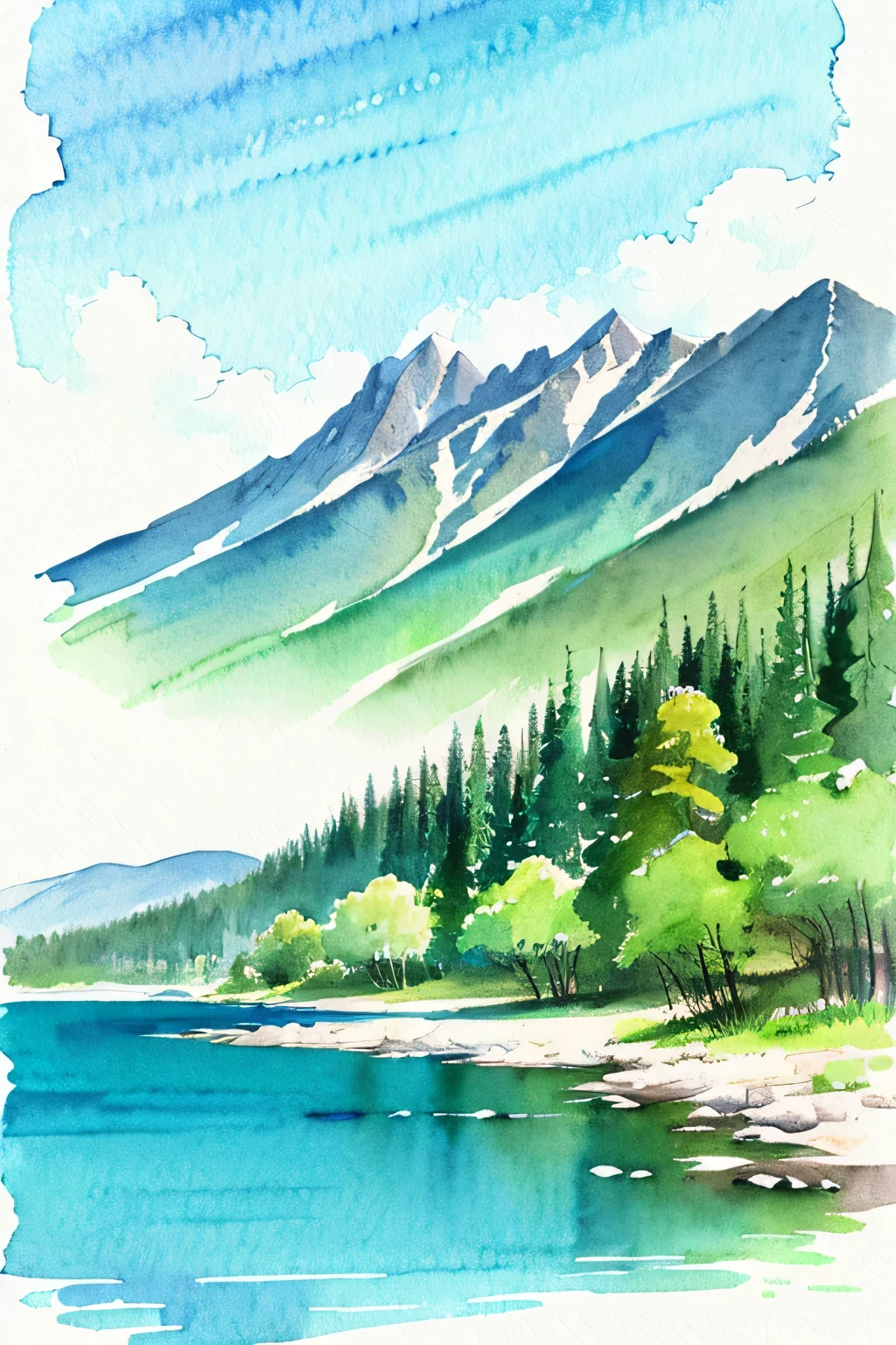 watercolor painting、Lakes and forests