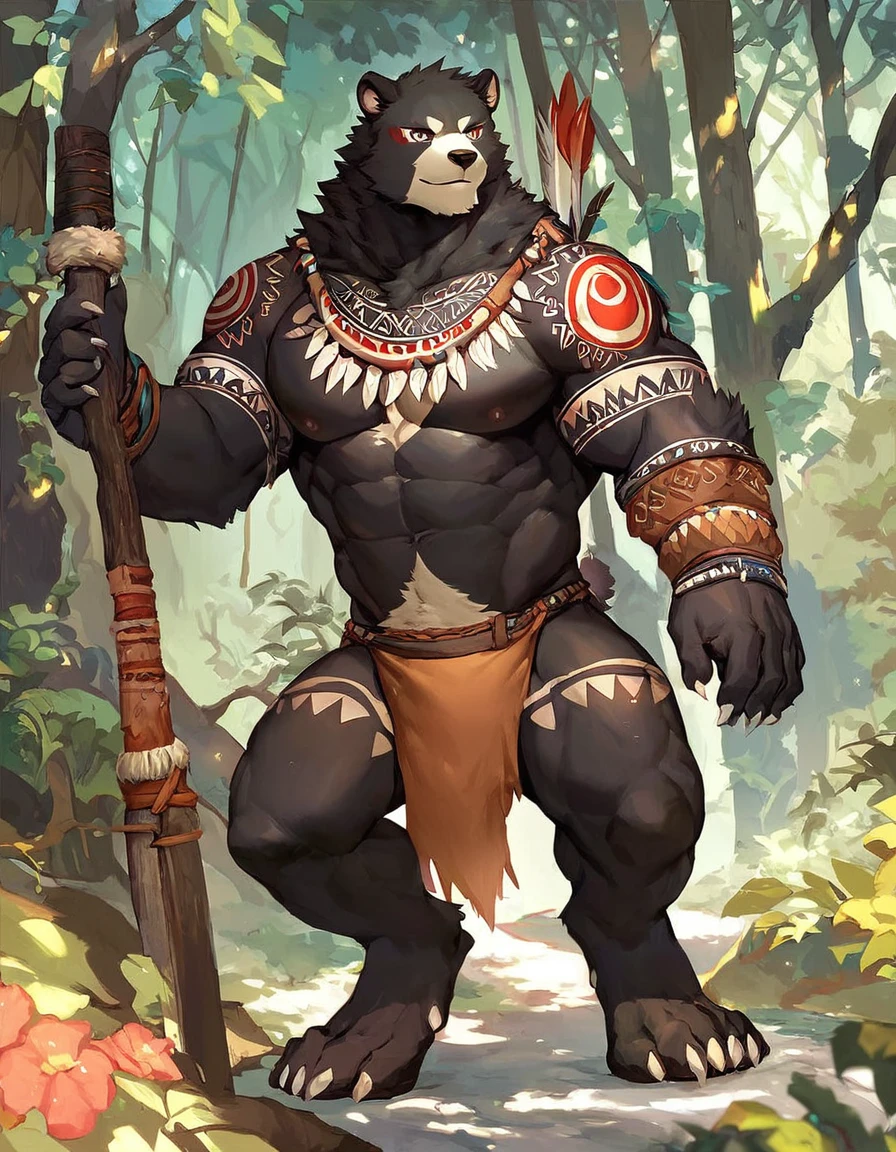 score_9, score_8_up, score_7_up, score_6_up, (solp), anthro male bear wearing a loincloth, proud serious expression, tribal, muscular, sharp claws, standing, forest, black fur, tattoos, chief, warrior, digitigrade, anime artstyle