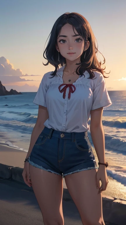 (obra de arte:1.3, Maximum quality, ultra high resolution, ultra detalhado), (realista, photorealista:1.4), beautiful illustration, perfect lighting, natural lighting, Colorida, profundidade de campos, Surrealismo,  
lindo cabelo detalhado, lindo rosto detalhado, lindos olhos detalhados, beautiful collarbone, Corpo bonito, lindo peito, linda coxa, lindas pernas, lindos dedos, pele brilhante, 
olhando para o espectador, 1 garota, Japanese, high school girl, (anatomia perfeita, Anatomicamente Correto, pele super detalhada), beautiful and symmetrical face, baby face, rosto perfeito, olhos perfeitos, 
(medium hair, dois lados para cima, cabelo rosa), franja cruzada, olhos roxos, droopy eyes, olhos grandes, long eyelashes, (seios grandes, coxas sedutoras, dentadura da pele), delgado, outstanding style, 
((Textura detalhada de tecido, camisa de colarinho branco, saia plissada azul, dark red ribbon around the neck), meias pretas, mocassim), 
(beautiful scenery), late afternoon, (telhado da escola), (standing), (kind smile, Olhos superiores),