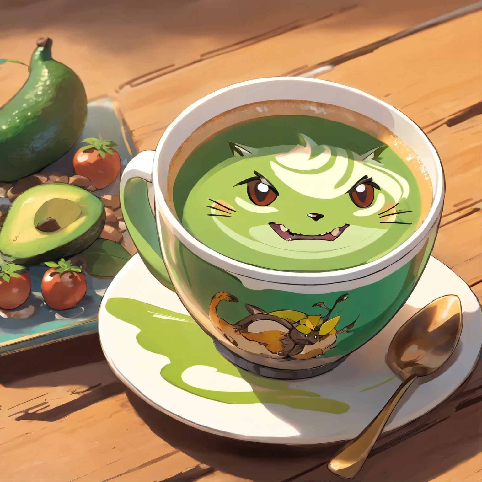 Coffee contains artistic coffee latte art, In the style of an unearthly figure, East - Inspiration, Avocado punk, sculptures, This is a car, Birds - Theme, Carrie Maywemis,chibi,Gotloli cat