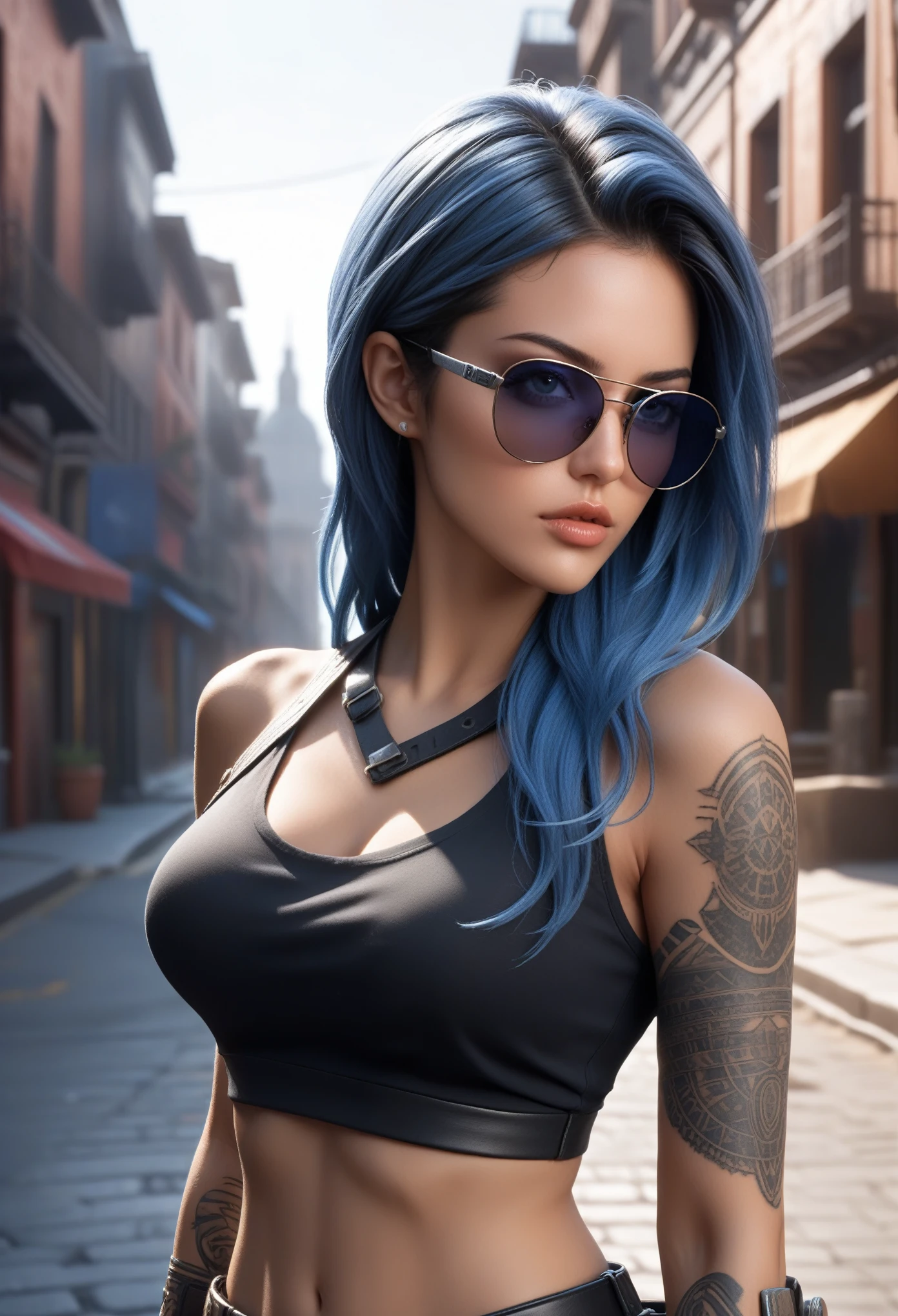 a hyper realistic ultra detailed photograph of a futuristic beautiful barbarian woman wearing sunglasses at a dystopian city, in a cowboy look0, long wild blue hair,short bra, tattooed hands and body, fashion pose, detailed symmetric beautiful hazel eyes, detailed gorgeous face,old 1600s town's background,exquisite detail, 30-megapixel, 4k, Canon EOS 5D Mark IV DSLR, 85mm lens, sharp focus, intricately detailed, long exposure time, f/8, ISO 100, shutter speed 1/125, diffuse back lighting, award winning photograph, facing camera, looking into camera, monovisions, perfect contrast, High sharpness, facial symmetry, depth of field, ultra-detailed photography, raytraced, global illumination, TanvirTamim, smooth, ultra high definition, 8k, unreal engine 5, ultra sharp focus, award-winning photograph, trending on artstation