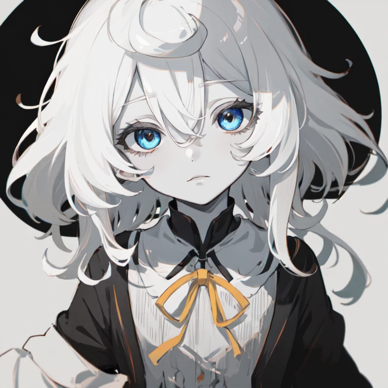 (best quality, masterpiece), 1girl, solo, pale skin, clothes, charlotte, white hair, long hair, hair between eyes, golden eyes, dull eyes, small mouth, no breasts, white shirt, white skirt, skirt, monochrome, yellow ribbon, portrait, (face close up), apathy