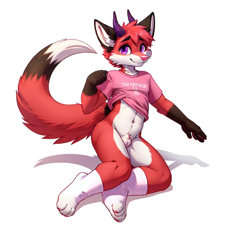 Anthropomorphic male crimson fox with pink nose, black ears, horns and purple eyes, two tails, fullbody view, solo, lying, white background, digital art, lifting his shirt, femenine look, different views, wearing a pink t-shirt and long pink socks with white stripes, with legs rised up, looking at viewer, sfw version