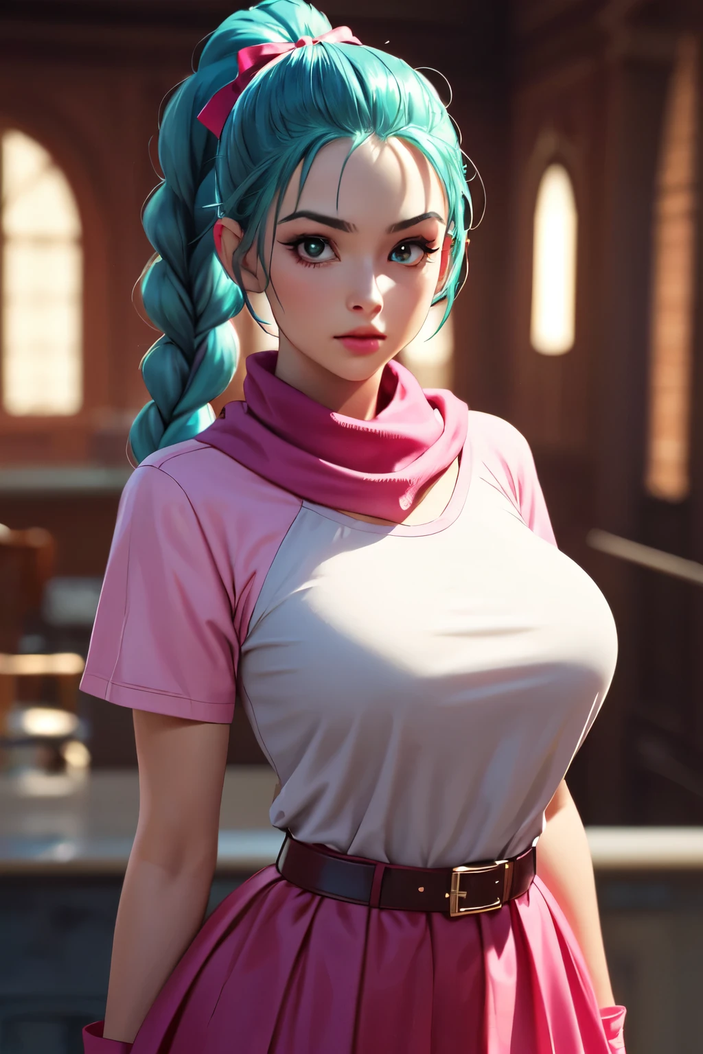 (ultra realistic,32k,RAW photo:1.1),(high detailed skin:1.1), 8k uhd, dslr, high quality, film grain, (makeup, mascara:1.1), lips,(thick\lips\), 
(shiny glossy translucent clothing:1.1), dragon ball, blmpony, aqua hair, hair ribbon, braided ponytail, pink shirt, belt, scarf, pink skirt, clothes writing, brown gloves,, huge breast, 
(looking at viewer, Bend forward:1.1), 
 (busty:1.1) ,  (chubby:0.1),(volumetric lighting:1.1),dark theme, veil of illusions, shimmering illusions, shifting reality, realm of tricksters