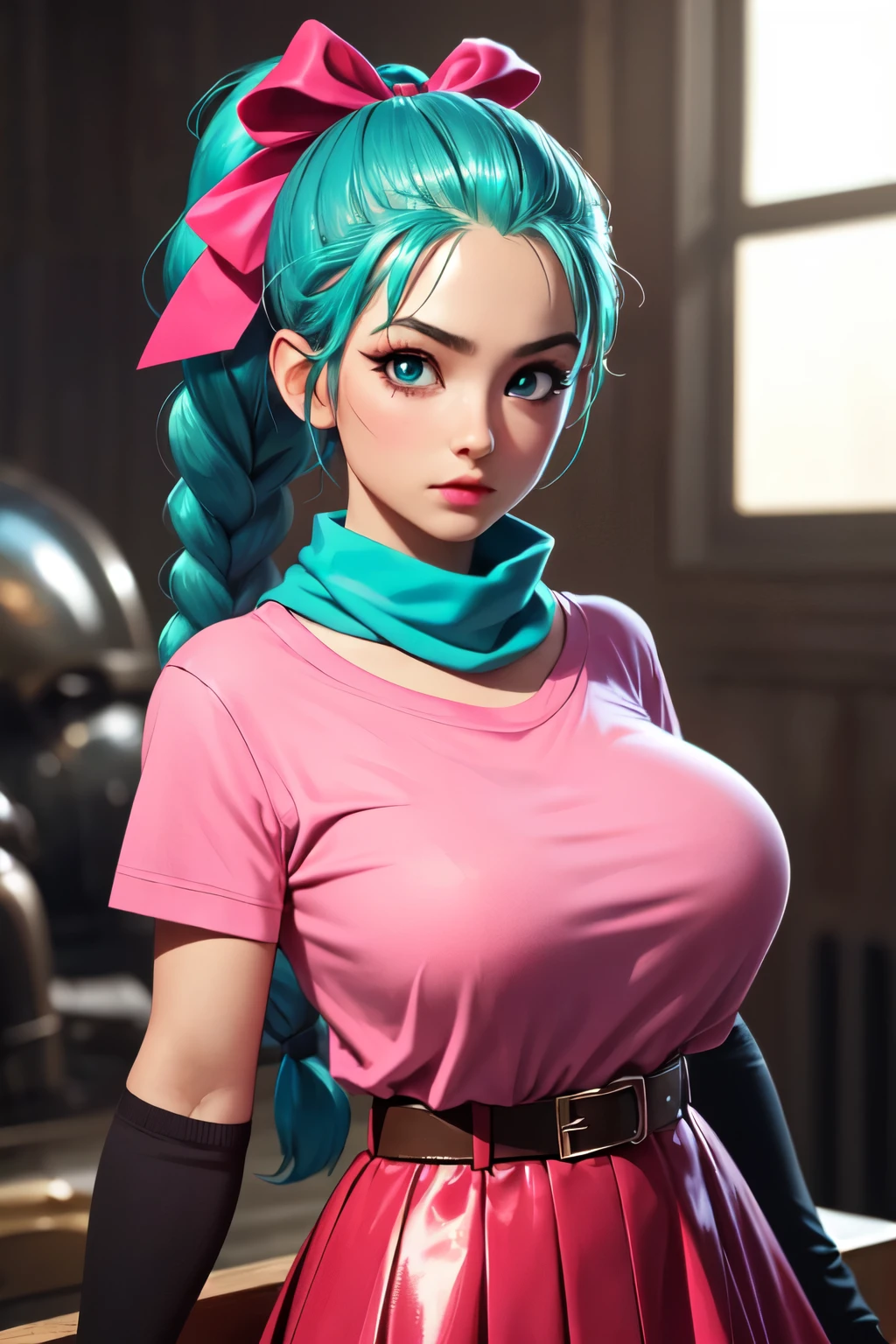 (ultra realistic,32k,RAW photo:1.1),(high detailed skin:1.1), 8k uhd, dslr, high quality, film grain, (makeup, mascara:1.1), lips,(thick\lips\), 
(shiny glossy translucent clothing:1.1), dragon ball, blmpony, aqua hair, hair ribbon, braided ponytail, pink shirt, belt, scarf, pink skirt, clothes writing, brown gloves,, huge breast, 
(looking at viewer, Bend forward:1.1), 
 (busty:1.1) ,  (chubby:0.1),(volumetric lighting:1.1),dark theme, veil of illusions, shimmering illusions, shifting reality, realm of tricksters