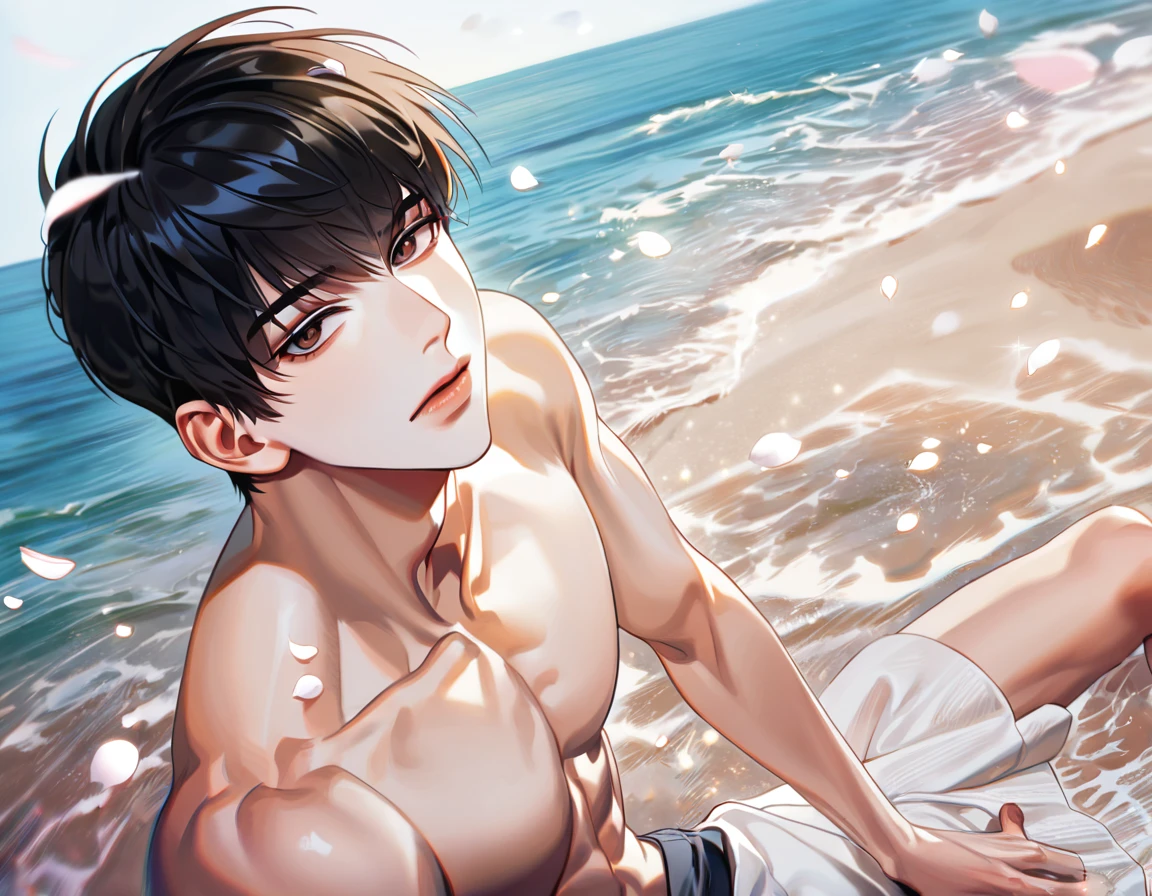 (absurdres, highres, ultra detailed, HDR) master piece, best quality, perfect face, delicated features, Kim Dokja, black hair, expressive brown eyes, Omniscient reader's viewpoint, solo, sexy man, handsome, bare chest, sea, beach, petals