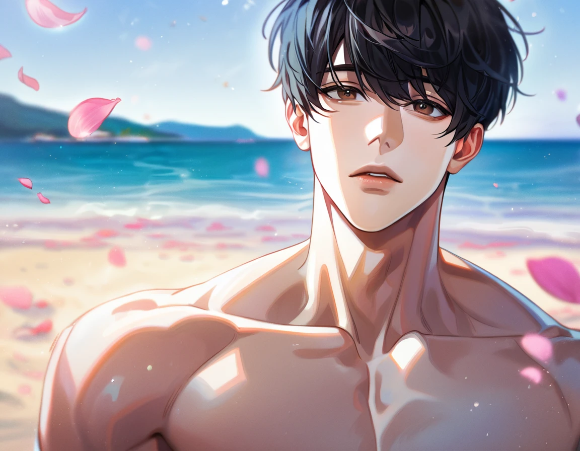 (absurdres, highres, ultra detailed, HDR) master piece, best quality, perfect face, delicated features, Kim Dokja, black hair, expressive brown eyes, Omniscient reader's viewpoint, solo, sexy man, handsome, bare chest, sea, beach, petals