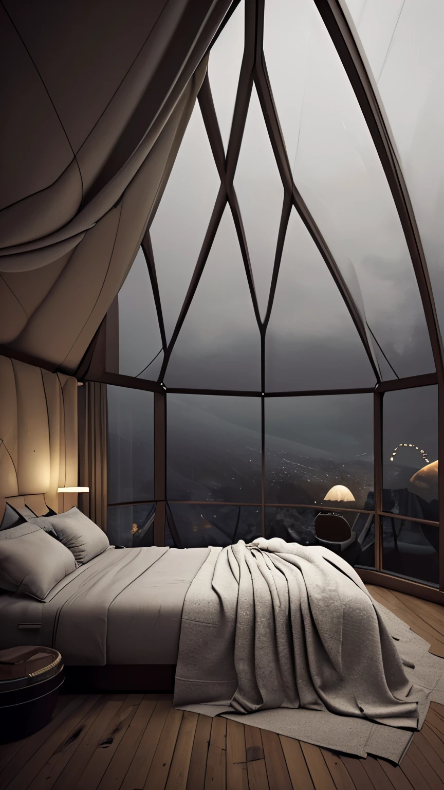 outside view of a dome shaped room with glass panels, Night time, stars shining and visible throughout, low light, dark, soft light, dark but warm and cozy, there is a bed with a creamish white comforter and neatly folded blankets and a roaring fireplace casting shadows on the walls, dramatic, hollywood style, epic, in the centre, there is a full size glass window reaching to the roof, transparent glass roof, dome, glamping dome, with the scenery of a steep cliff and the deep sea, with rain drops on the glass, highly detailed, cozy place, add bokeh effect, dramatic, movie scene, cozy room, cozy bed, cozy and calm, cosy atmoshpere, cozy and peaceful atmosphere, cozy environment, cosy vibes, cozy atmospheric, cozy lighting, cozy setting, very cozy, cozy under a blanket, cosy enchanted scene, cosy atmosphere, cozy lights, cozy atmosphere there is a bed with a yellow comforter and a fireplace in the corner, a digital rendering by Anna Haifisch, unsplash contest winner, art nouveau, cozy place, cozy room, cozy bed, cozy and calm, cosy atmoshpere, cozy and peaceful atmosphere, cozy environment, cosy vibes, cozy atmospheric, cozy lighting, cozy setting, very cozy, nostalgic, dejavu, memory, amazing, unforgettable. Curiosity.