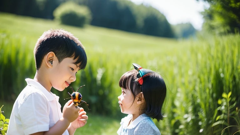 ren playing with beautiful beetles in the countryside、