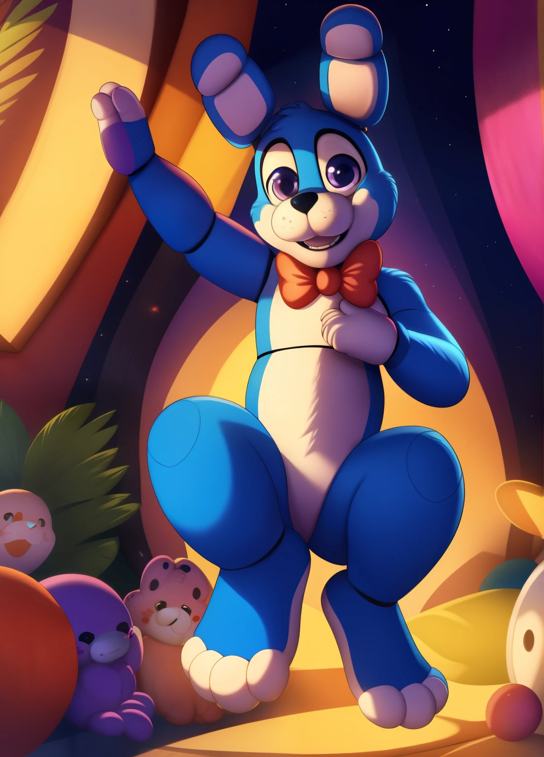 (best quality, highres:1.2), realistic, detailed illustration, Toy Bonnie from Five Nights at Freddy's, playful and vibrant colors, cute and friendly expressions, adorable and fuzzy texture, in a style for kids, with emphasis on the facial features such as big round eyes, a small button nose, and a wide smile, showcasing its charming personality, joyful and energetic pose with its (fee)t visible, (adorable feet), (cute feet), surrounded by colorful toys and props, a lively and dynamic background depicting a fun and imaginative setting, soft and gentle lighting to enhance the cozy and inviting atmosphere